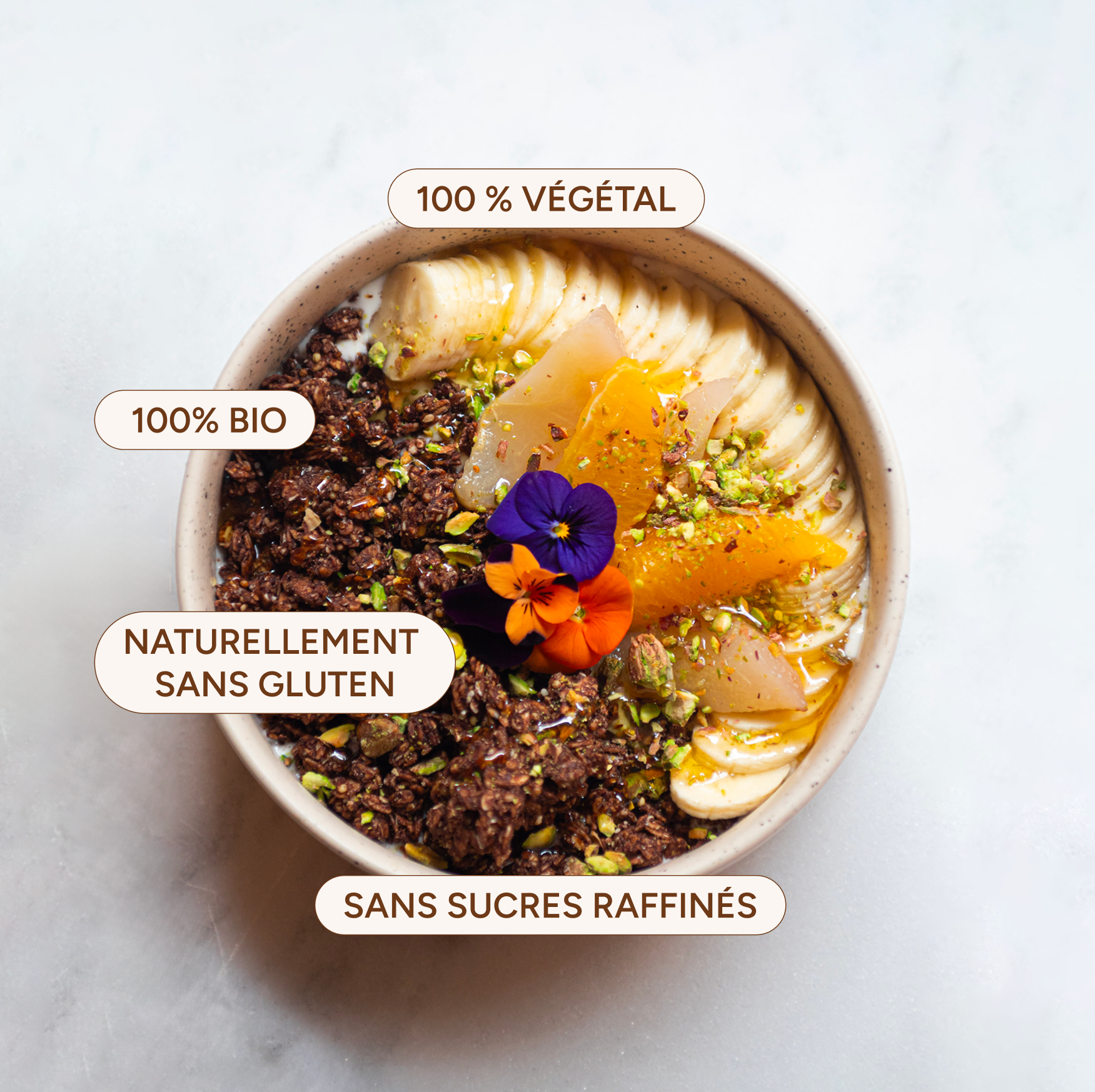 Avantages du granola chocolat bio : végétal, naturellement sans gluten, sans sucres raffinés