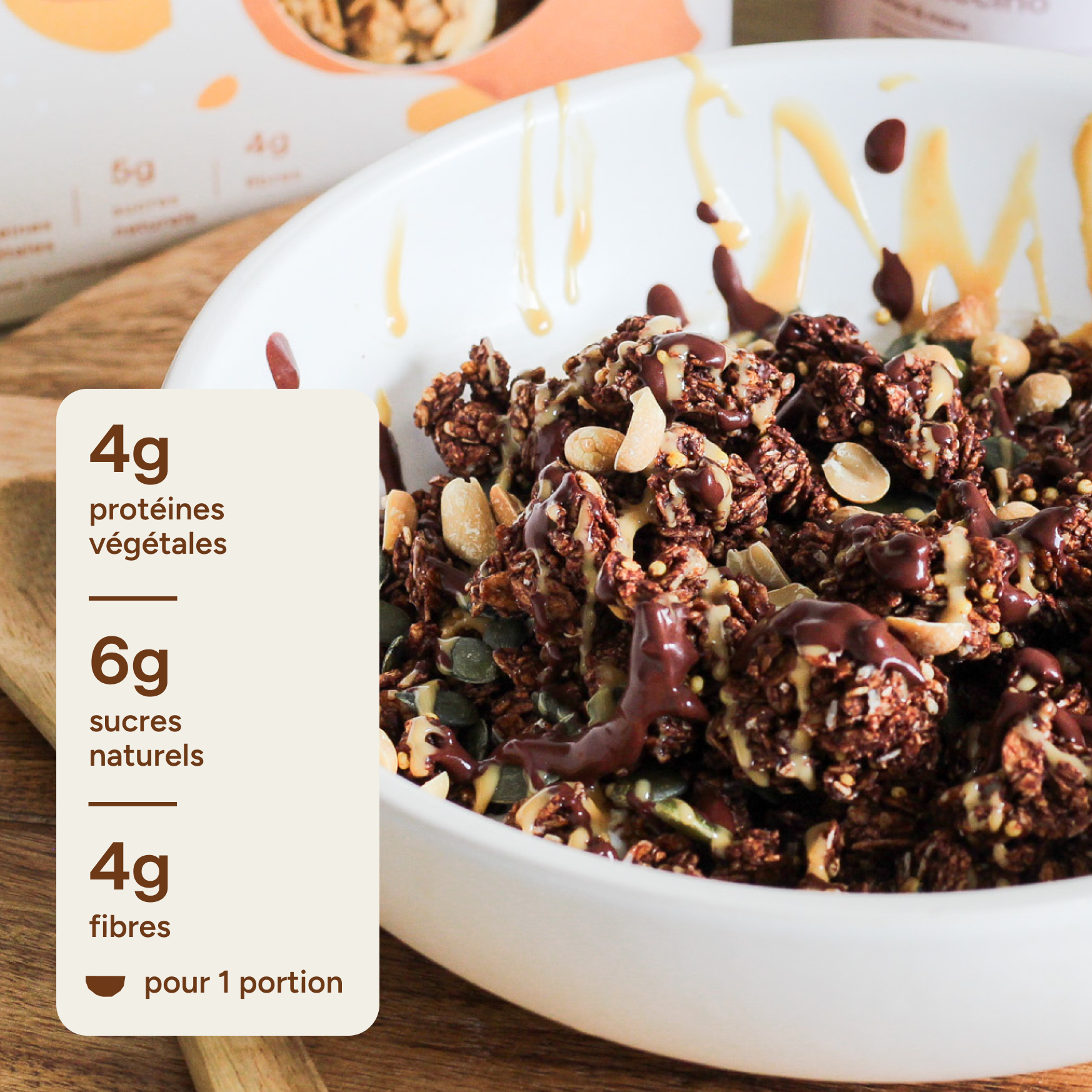 Granola chocolat : 4g protéines végétales, 6g sucres naturels, 4g fibres par portion
