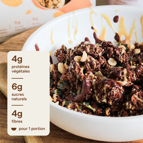 Granola chocolat : 4g protéines végétales, 6g sucres naturels, 4g fibres par portion