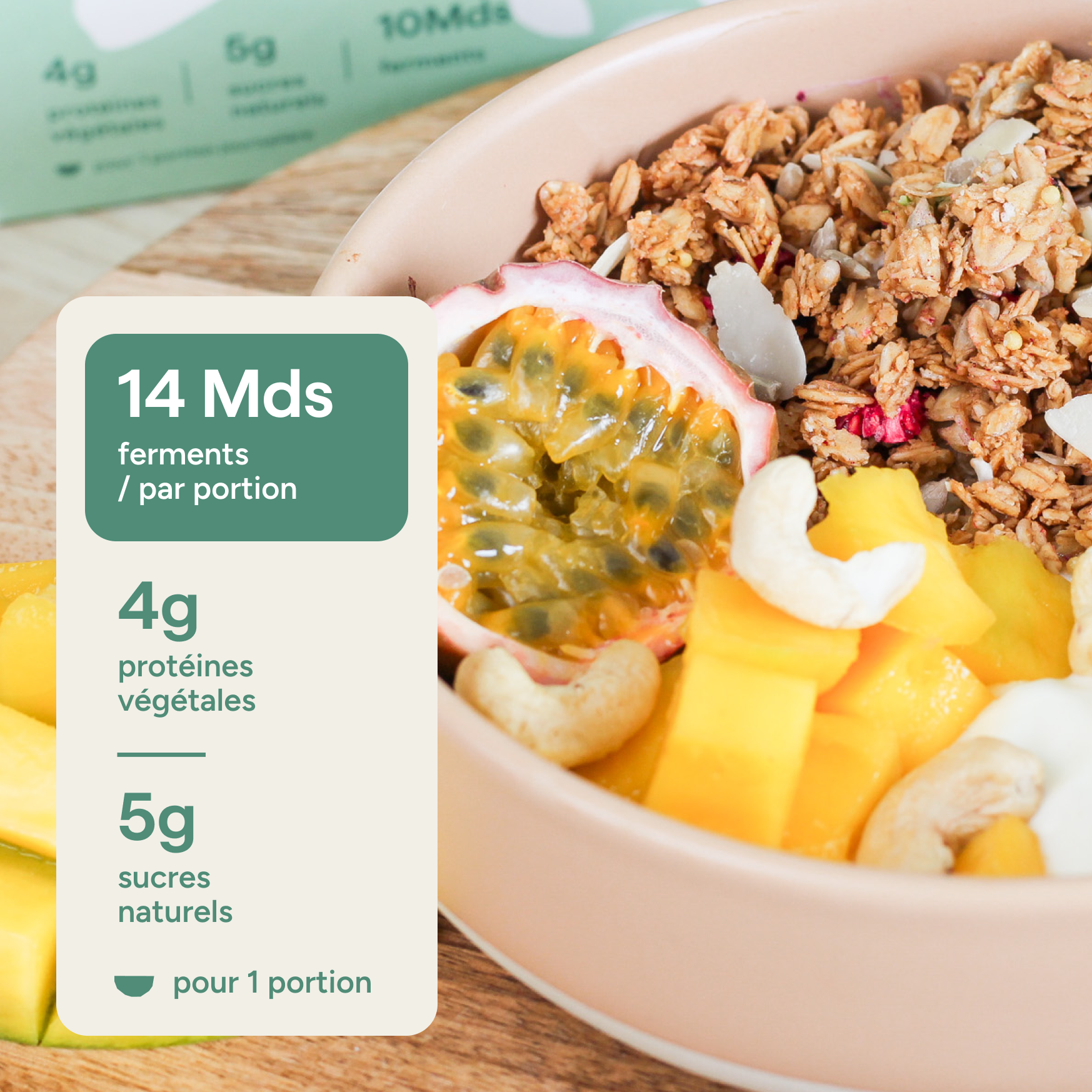 Granola vanille : 4g protéines végétales, 5g sucres naturels, 10 Mds ferments par portion