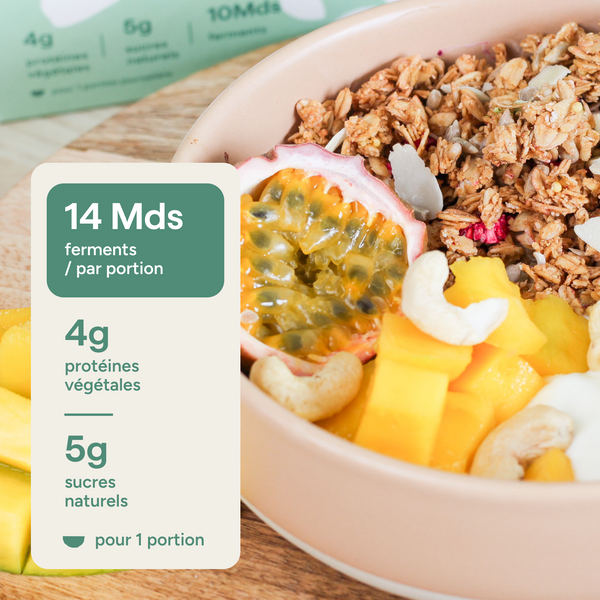 Granola vanille : 4g protéines végétales, 5g sucres naturels, 10 Mds ferments par portion