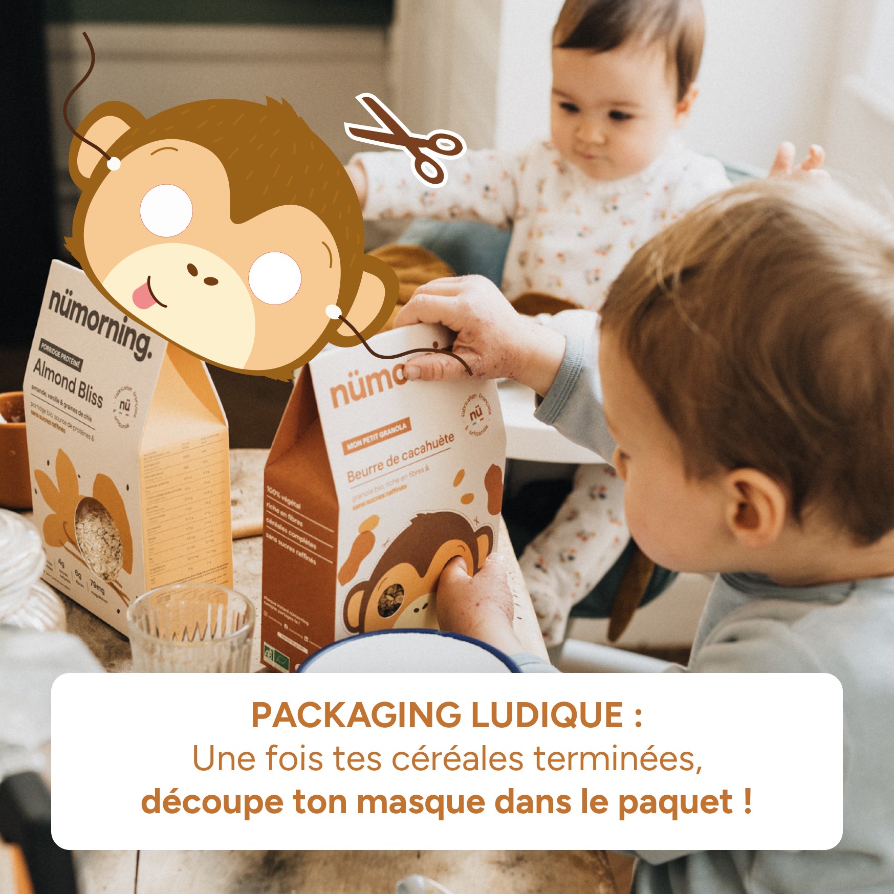 Packaging à découper : masque du singe Jungo au dos du paquet de céréales enfant beurre de cacahuète