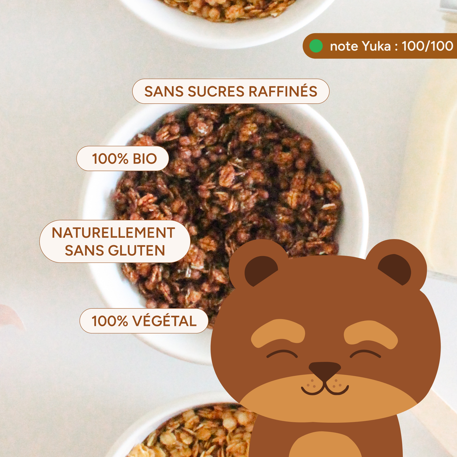Avantages des céréales enfant chocolat : végétal, sans gluten, sans sucres raffinés, Yuka 100/100