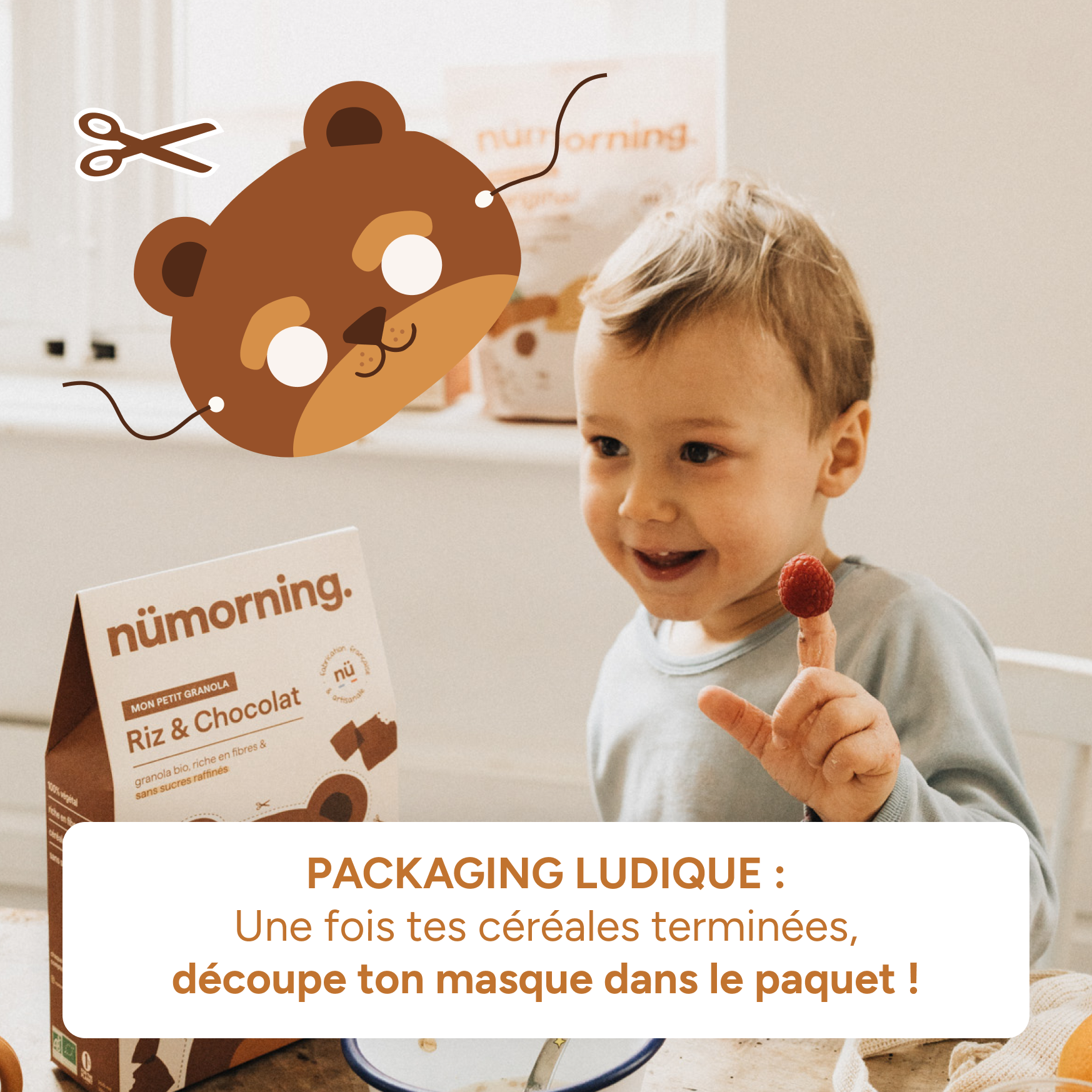 Packaging à découper : masque de l'ours Ouly au dos du paquet de céréales enfant chocolat