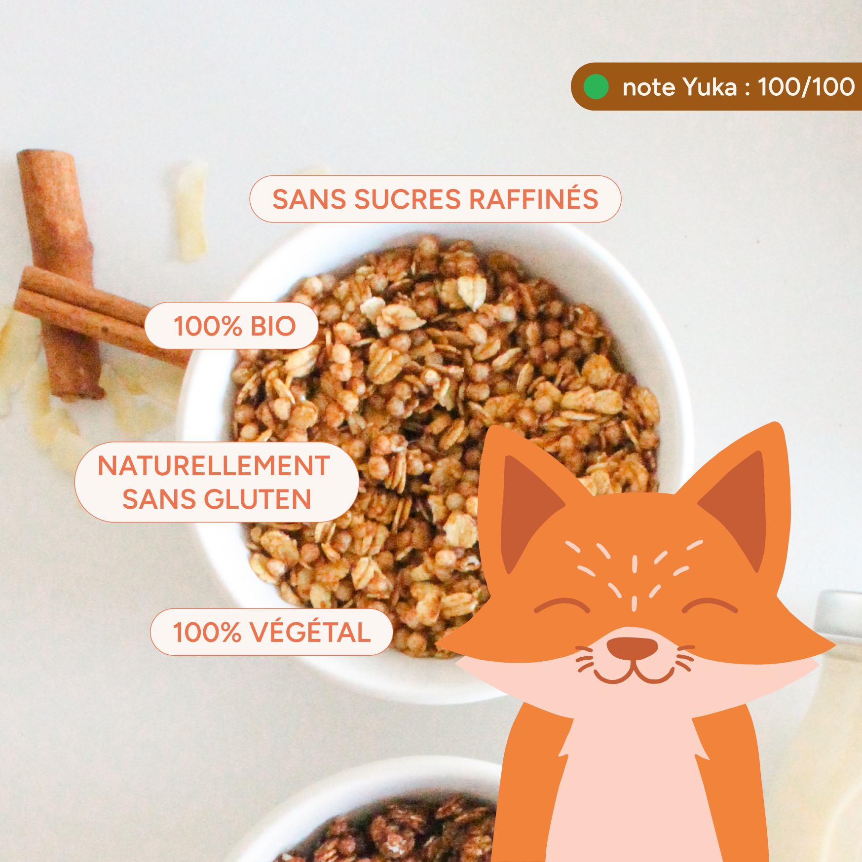 Avantages des céréales enfant pomme : végétal, sans gluten, sans sucres raffinés, Yuka 100/100