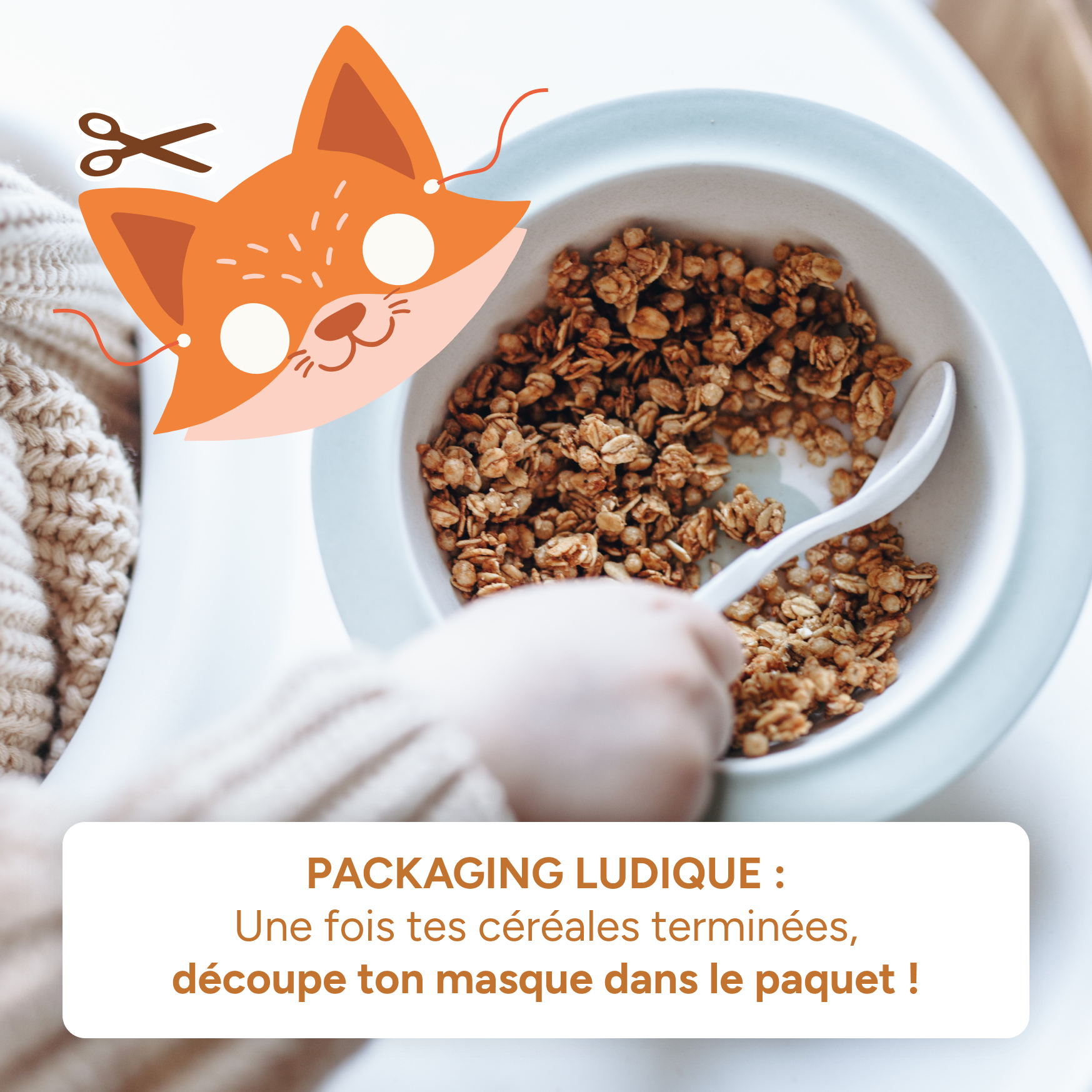 Packaging à découper : masque de la renarde Nala au dos du paquet de céréales enfant pomme