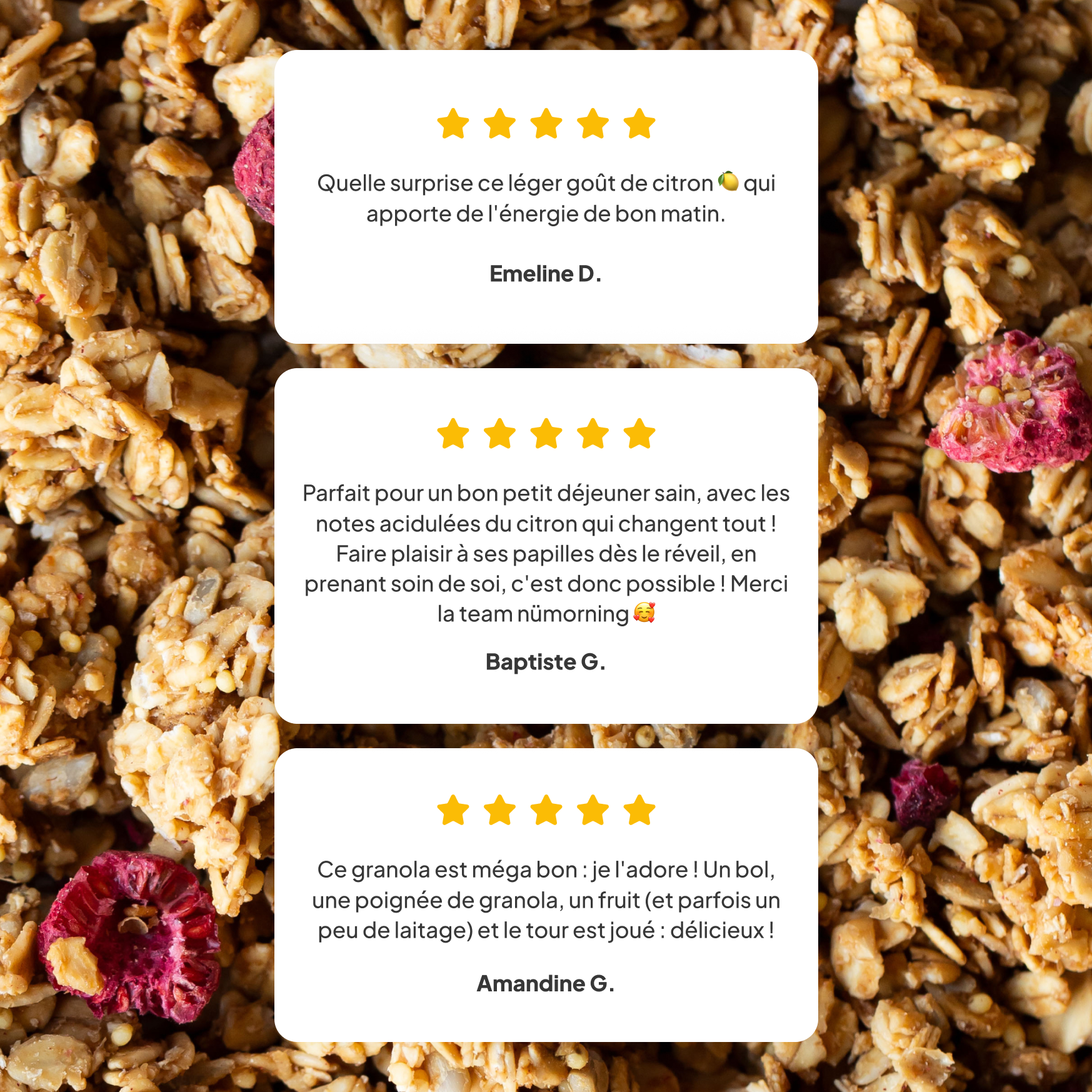 3 avis 5 étoiles sur le granola framboise nümorning