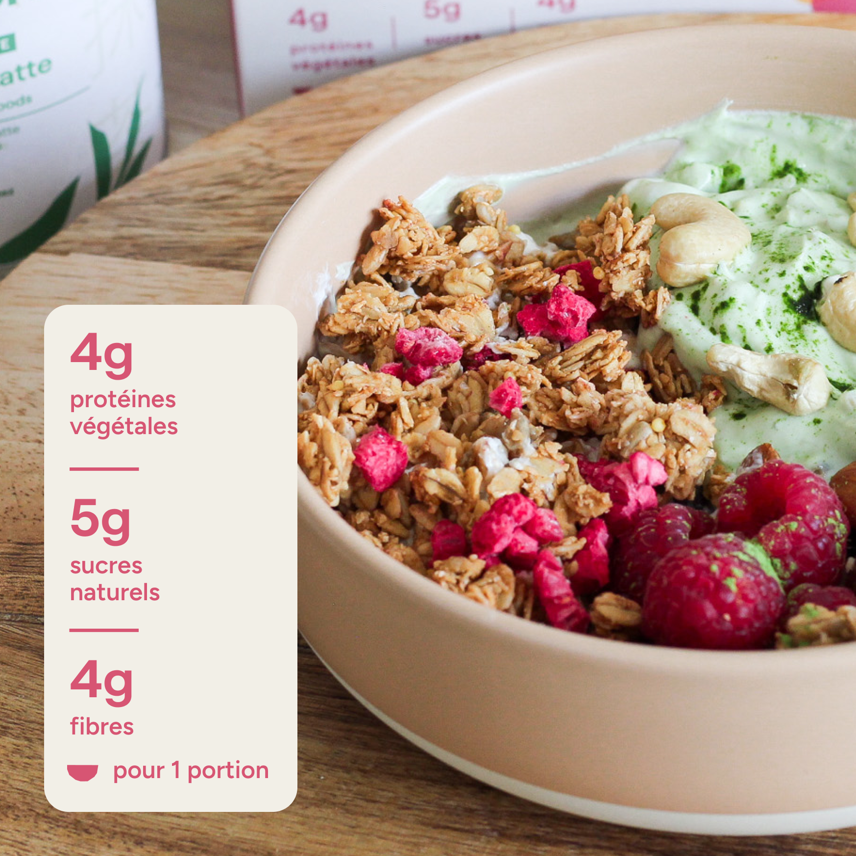 Granola framboise : 4g protéines végétales, 5g sucres naturels, 4g fibres par portion