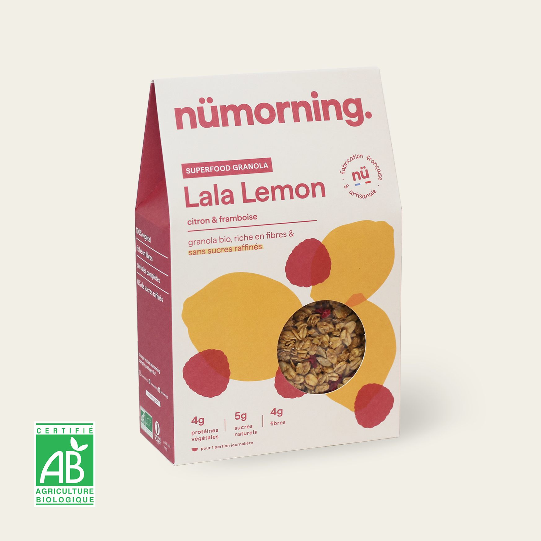 Boîte de granola framboise Lala Lemon nümorning, en format 300g