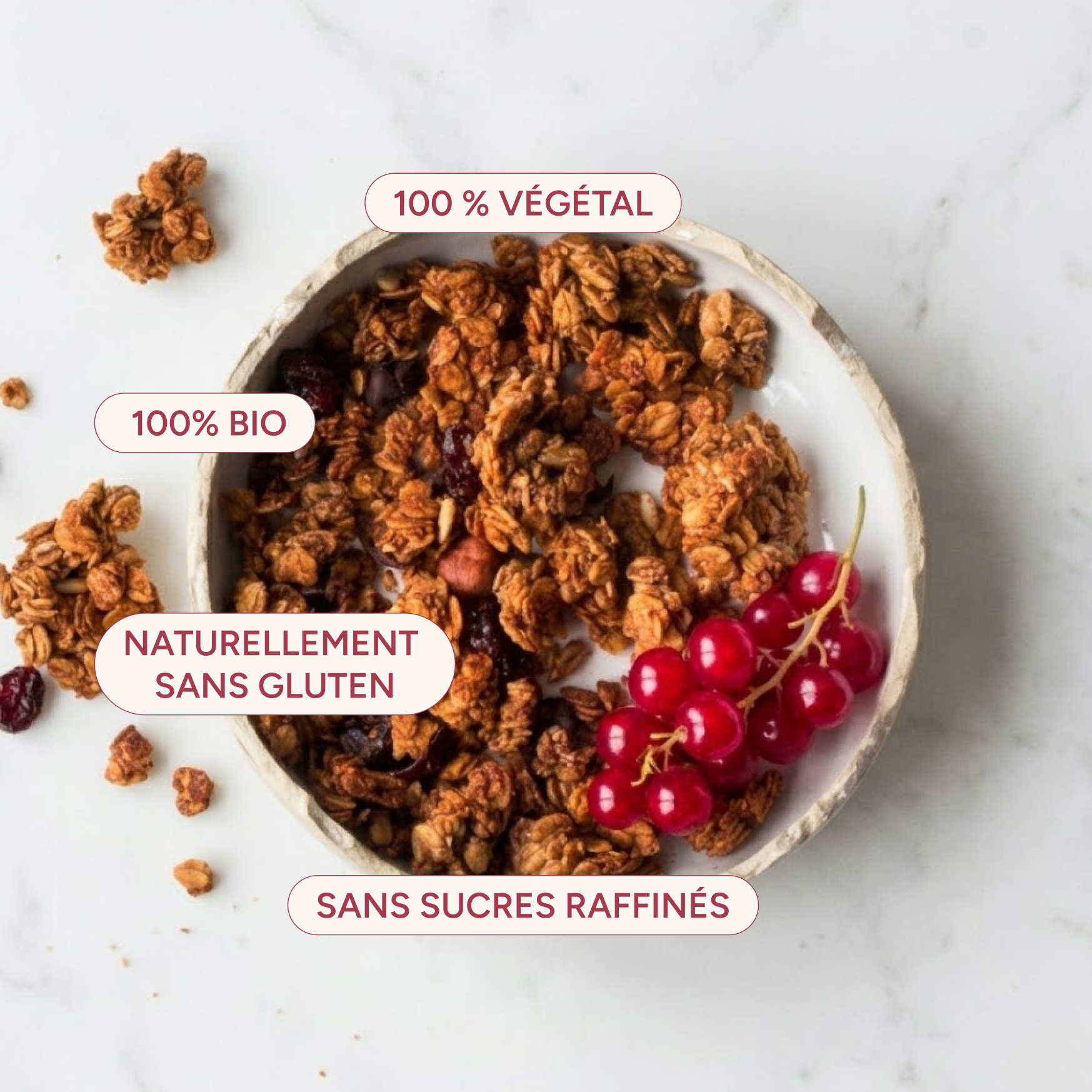 Avantages du granola noisette chocolat : végétal, naturellement sans gluten, sans sucres raffinés