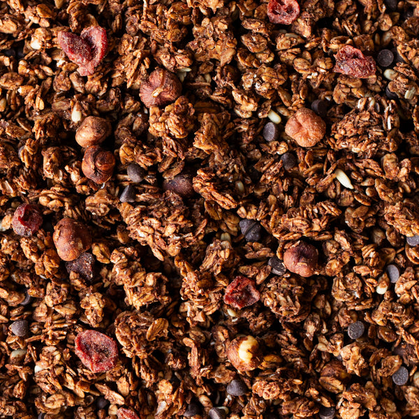 Gros plan sur le granola bio noisette chocolat et cranberries Morning Crush, de nümorning