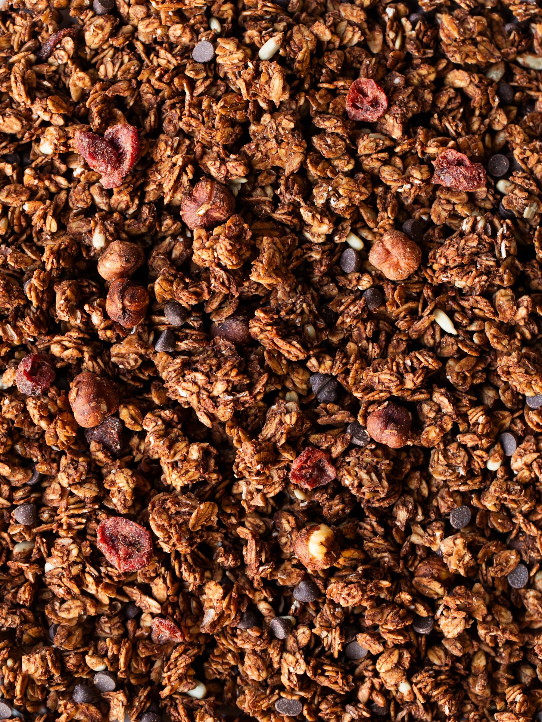 Gros plan sur le granola bio noisette chocolat et cranberries Morning Crush, de nümorning