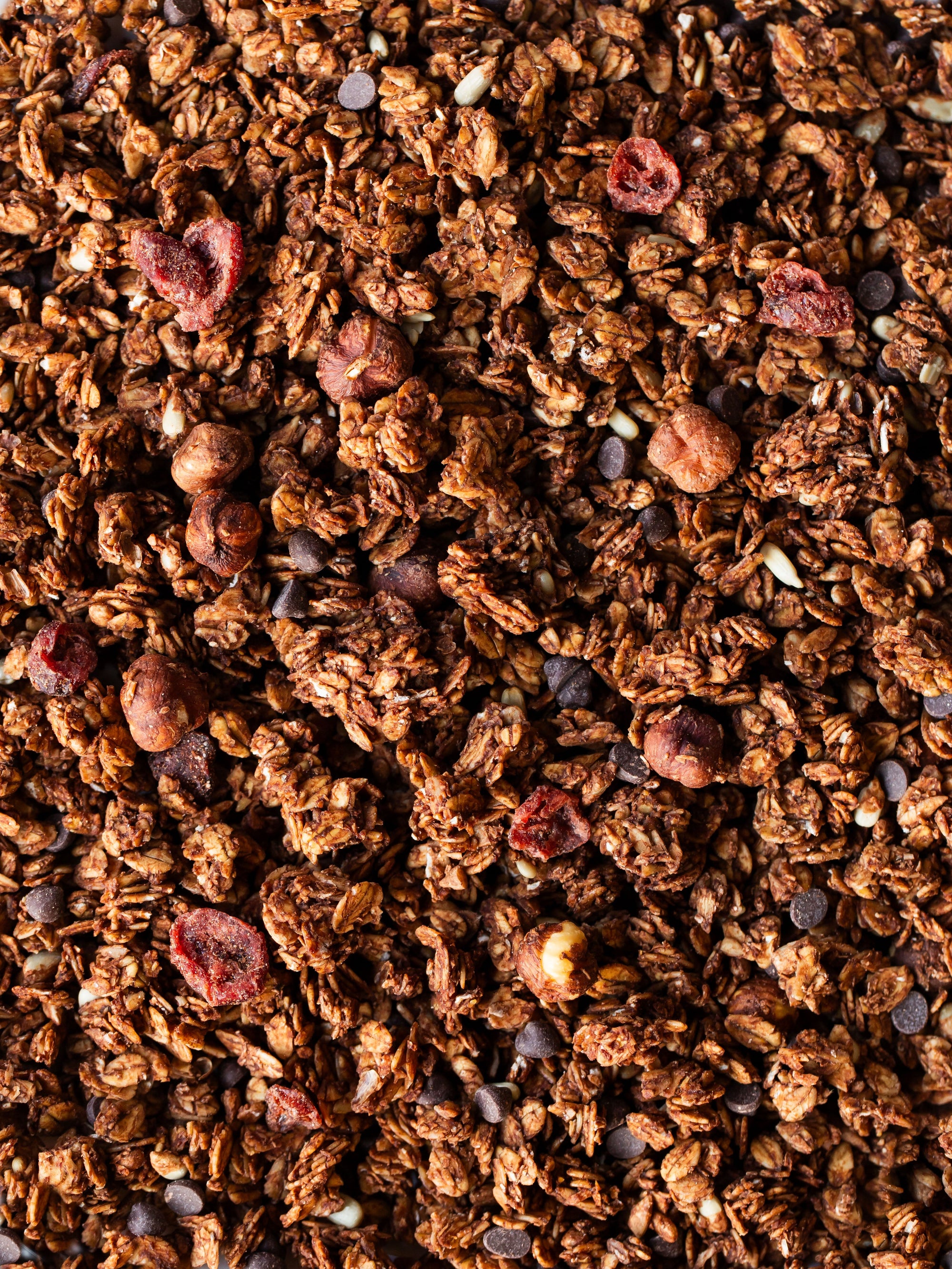 Gros plan sur le granola bio noisette chocolat et cranberries Morning Crush, de nümorning