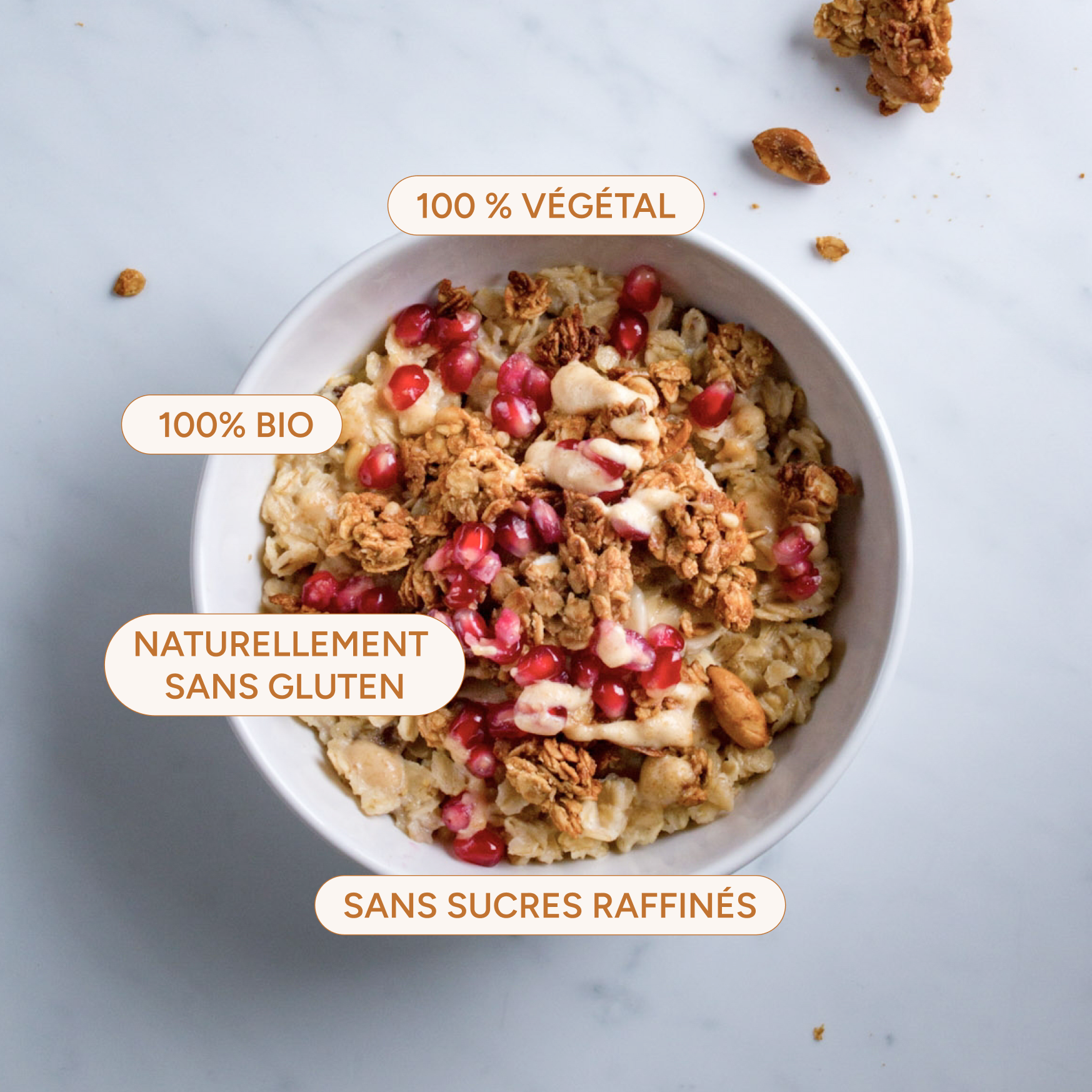 Avantages du granola beurre de cacahuète : végétal, naturellement sans gluten, sans sucres raffinés