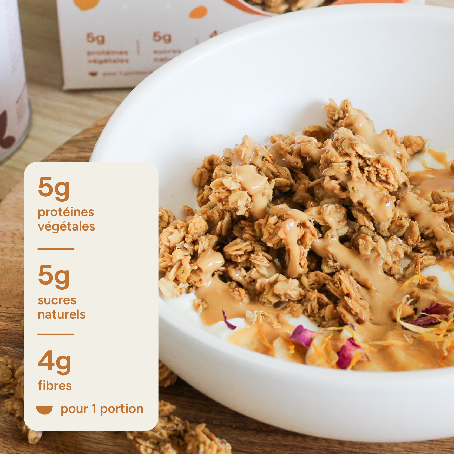 Granola beurre de cacahuète : 5g protéines végétales, 5g sucres naturels, 4g fibres par portion