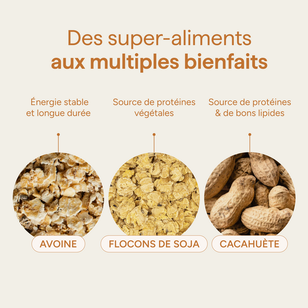 Ingrédients du granola beurre de cacahuète et leurs qualités : flocons d'avoine, flocons de soja et cacahuète