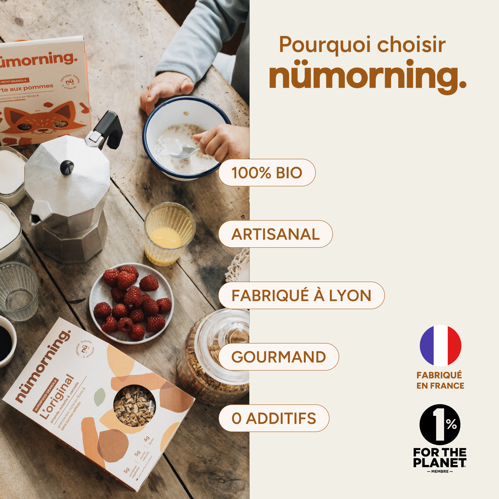 Les valeurs de nümorning : bio, artisanal, gourmand et sans additifs, fabriqué en France