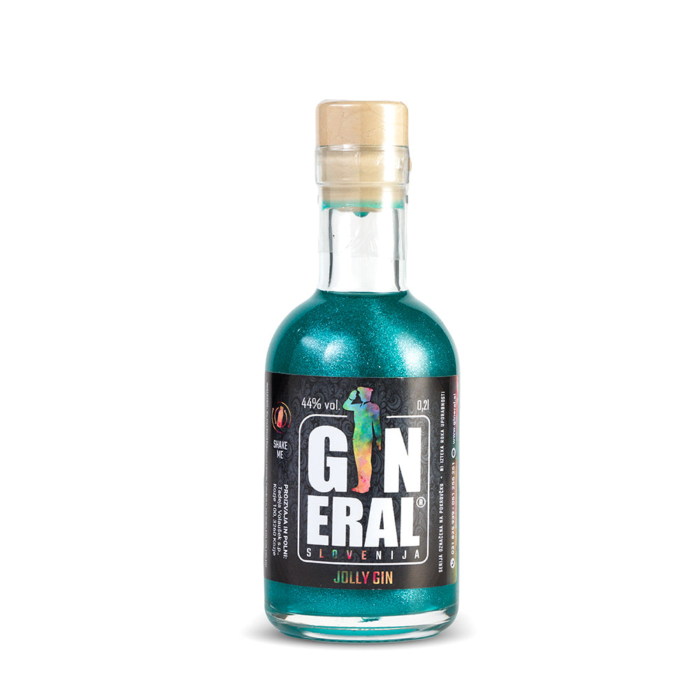 Turquoise glass gin bottle with a cream cork and a black label reading 'GENERAL' and 'JOLLY GIN' in colorful letters.