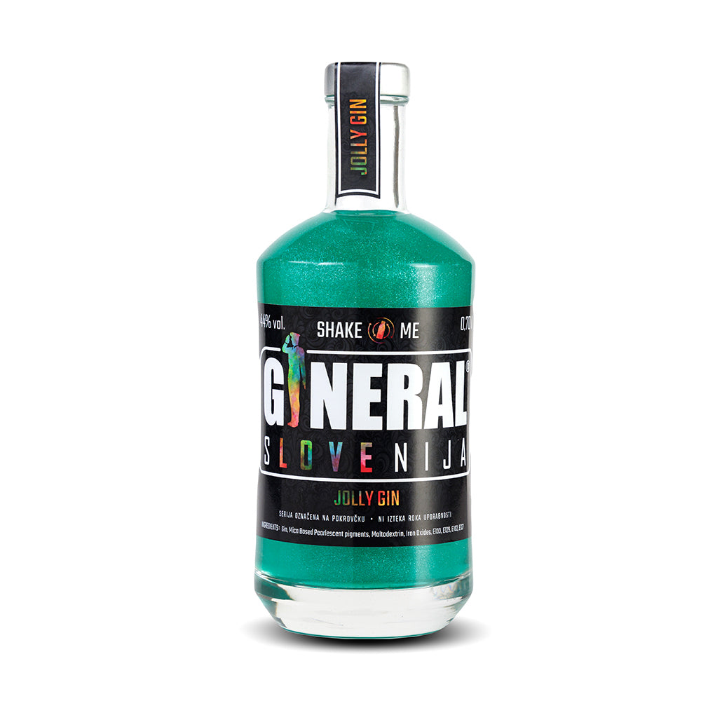 Bottle of Jolly Gin labeled General Slovenija with teal-green liquid and black label artfully wrapped around the bottle
