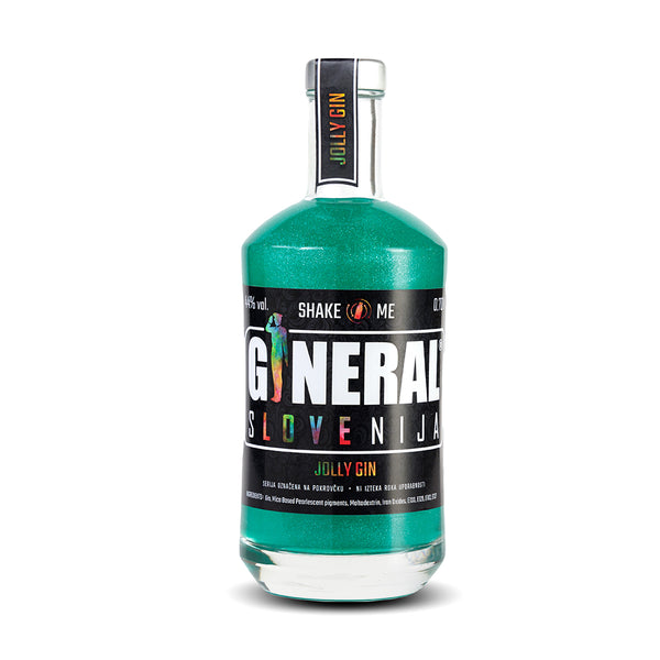 Bottle of Jolly Gin labeled General Slovenija with teal-green liquid and black label artfully wrapped around the bottle