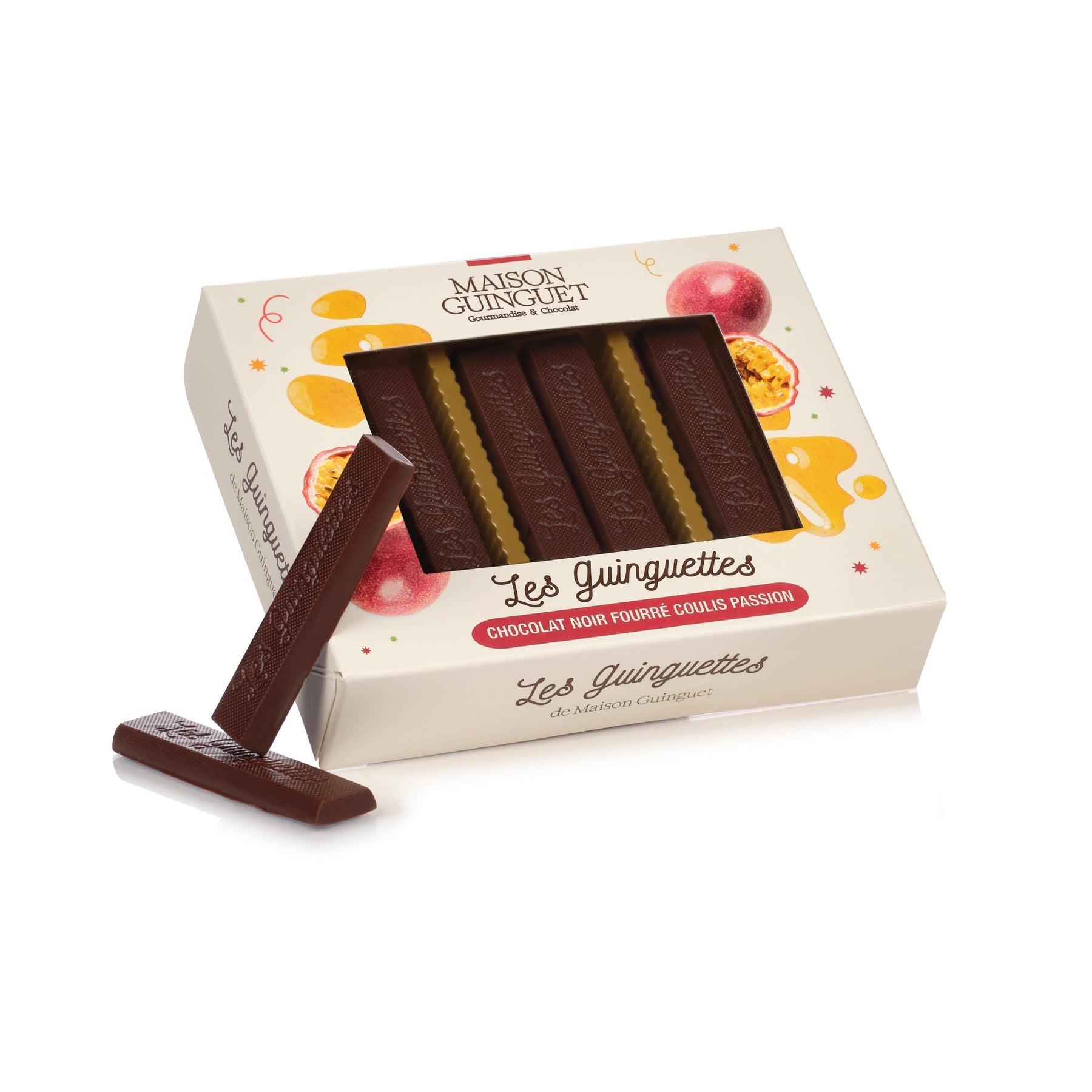 DARK CHOCOLATE FILLED GUINGUETTES WITH PASSION FRUIT COULIS