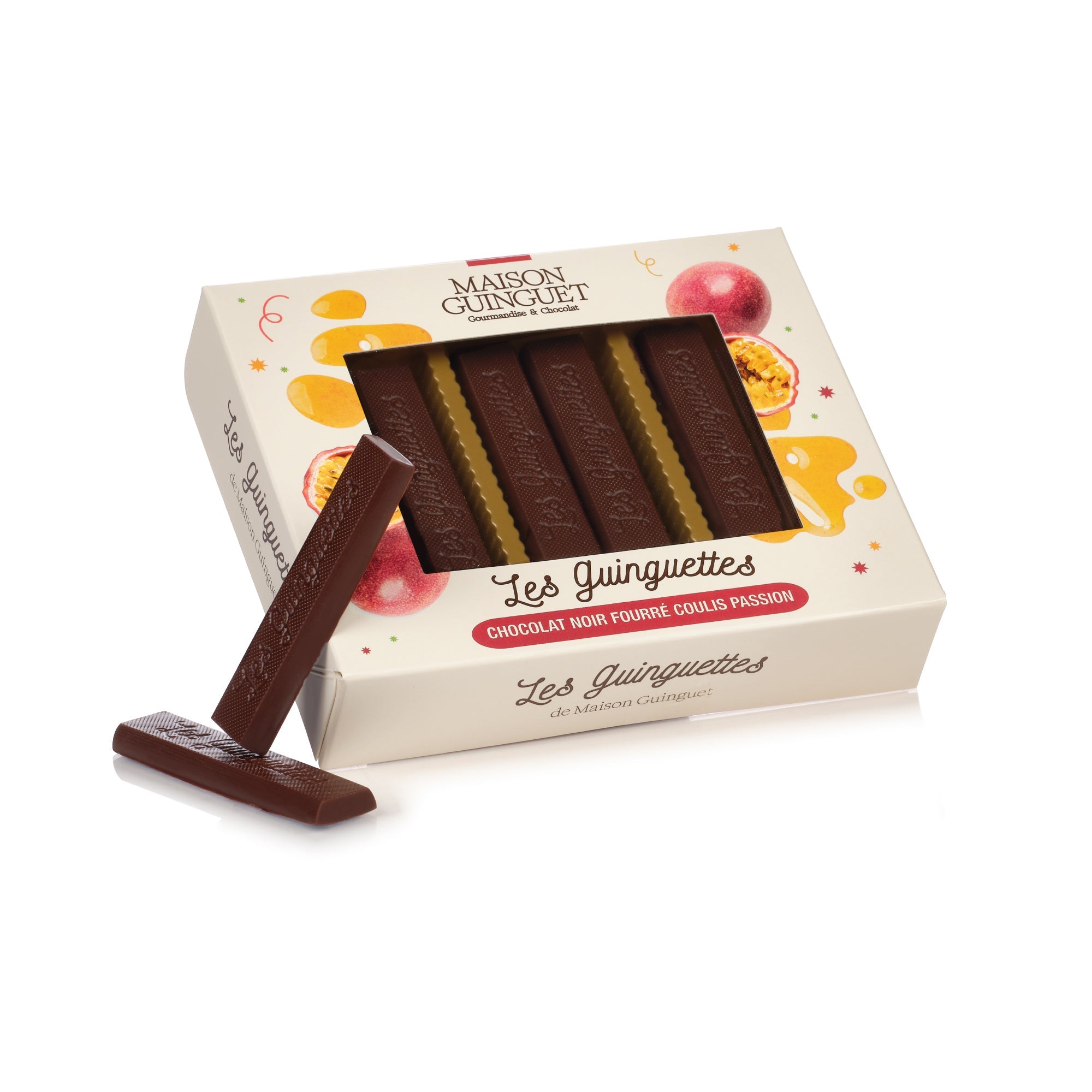 DARK CHOCOLATE FILLED GUINGUETTES WITH PASSION FRUIT COULIS