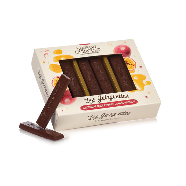 DARK CHOCOLATE FILLED GUINGUETTES WITH PASSION FRUIT COULIS