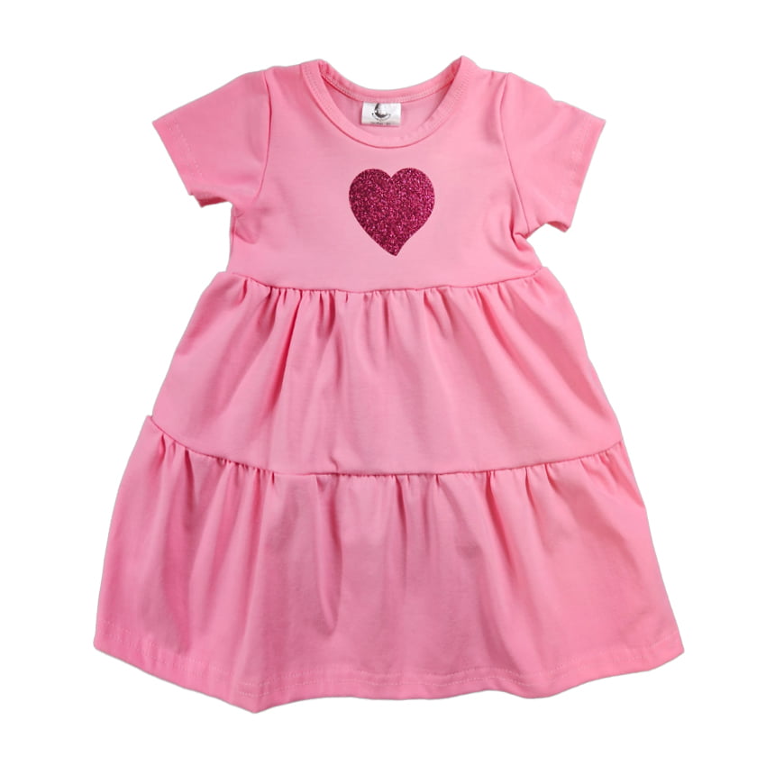 Girls' Dress with Short Sleeves - Pink + Heart