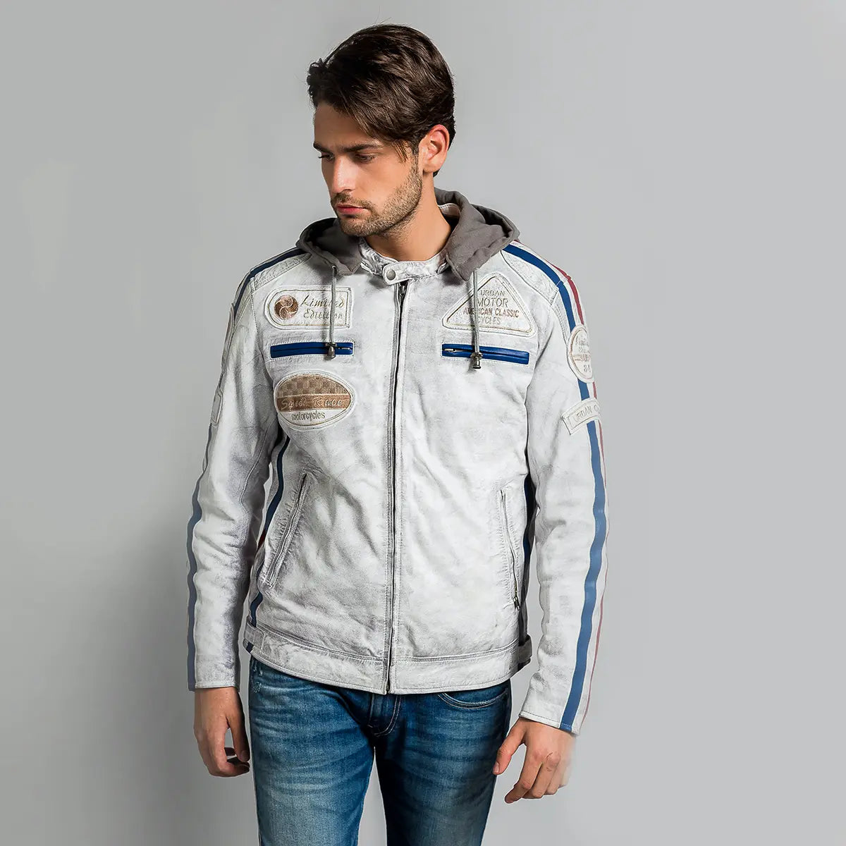 Fifty Eight Leather Men's Motorcycle Jacket Light Grey RB