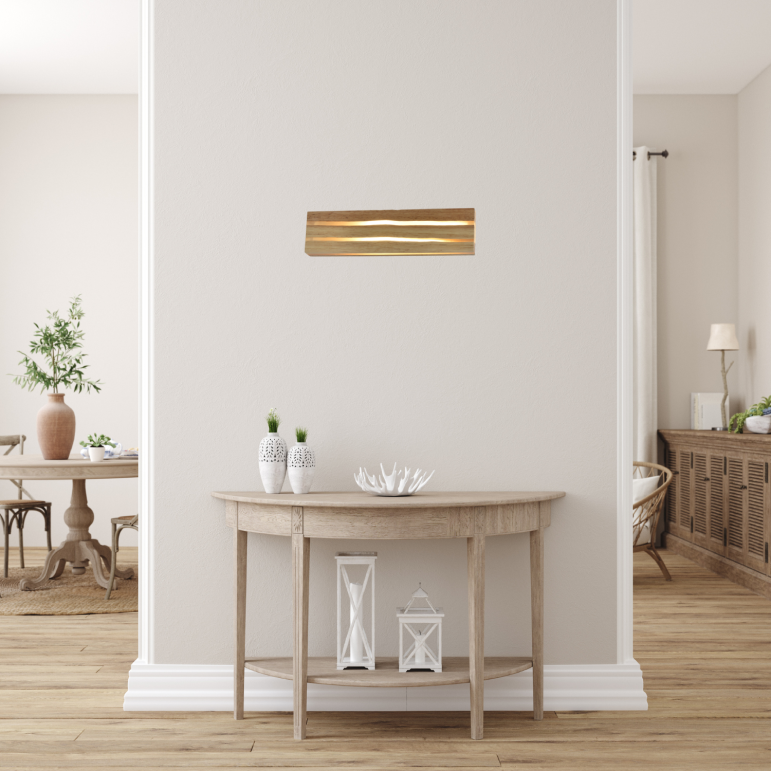 Natuurlijke houten wandlamp in landelijke stijl. Brengt warmte en sfeer in elke ruimte, perfect voor een gezellige ambiance.