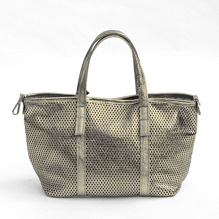 ICE - Shopping in pelle laminata traforata platino
