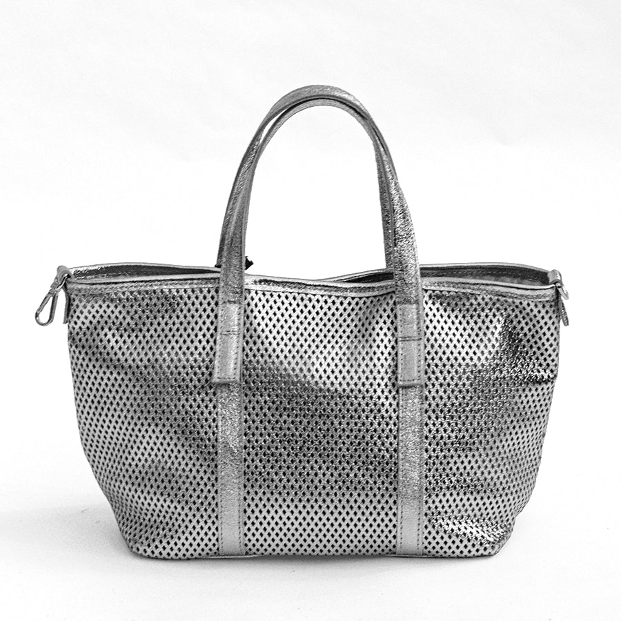 ICE - Silver Perforated Laminated Leather Shopping Bag