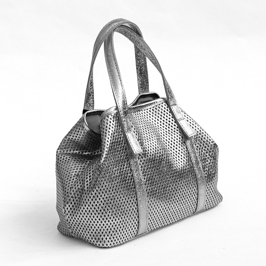 ICE - Silver Perforated Laminated Leather Shopping Bag