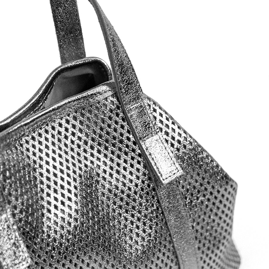 ICE - Silver Perforated Laminated Leather Shopping Bag