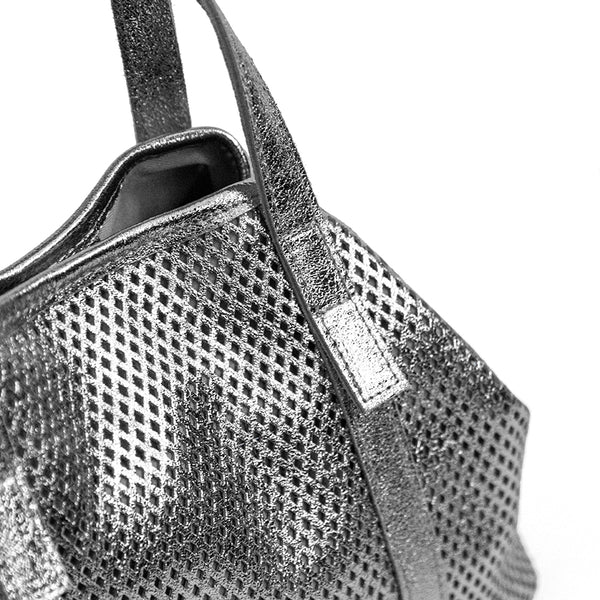 ICE - Silver Perforated Laminated Leather Shopping Bag