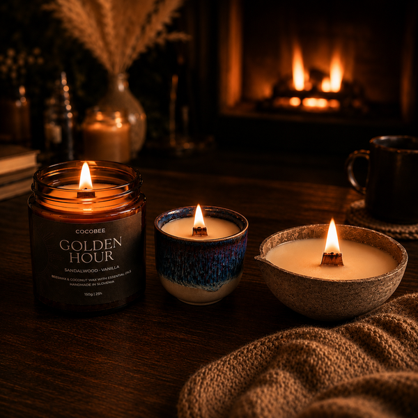 Three lit CocoBee candles from the Woodfire Collection by a fireplace