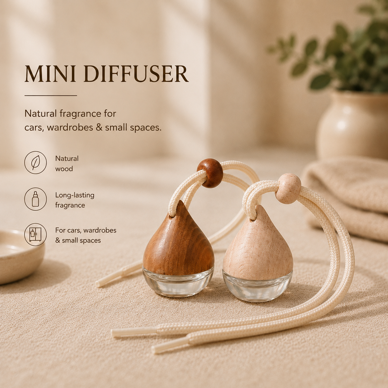 CocoBee mini diffuser bottle with wooden cap and hanging cord