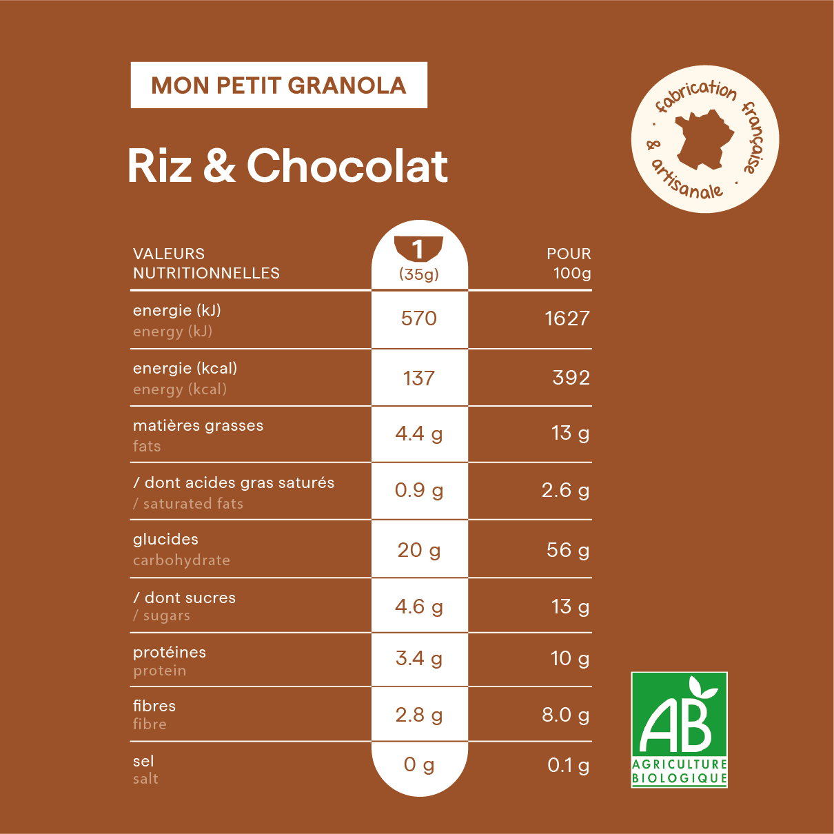 Tableau des valeurs nutritionnelles des céréales enfant chocolat nümorning