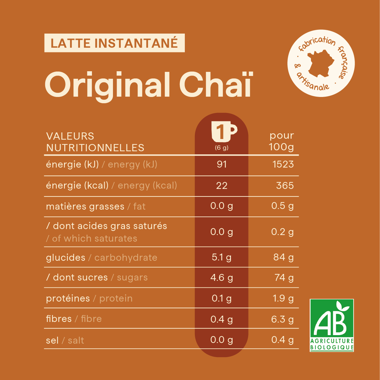 Tableau des valeurs nutritionnelles du chai latte en poudre Original Chaï de nümorning