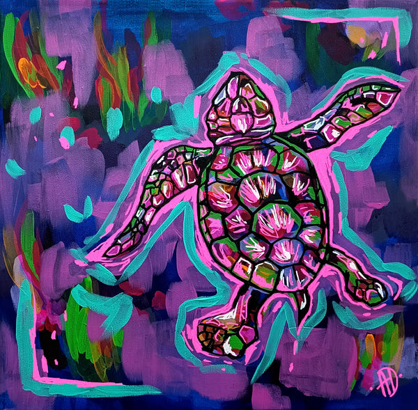 Sea turtle neon pink original painting