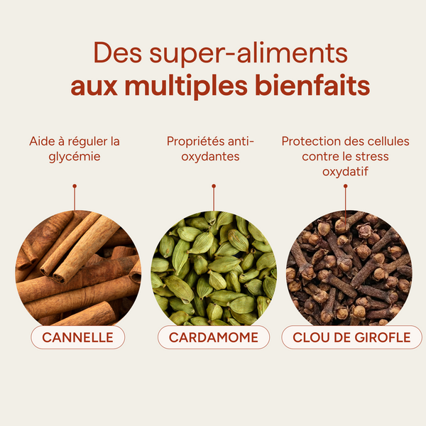 Ingrédients des épices chaï et leurs qualités : cannelle, cardamome et clou de girofle