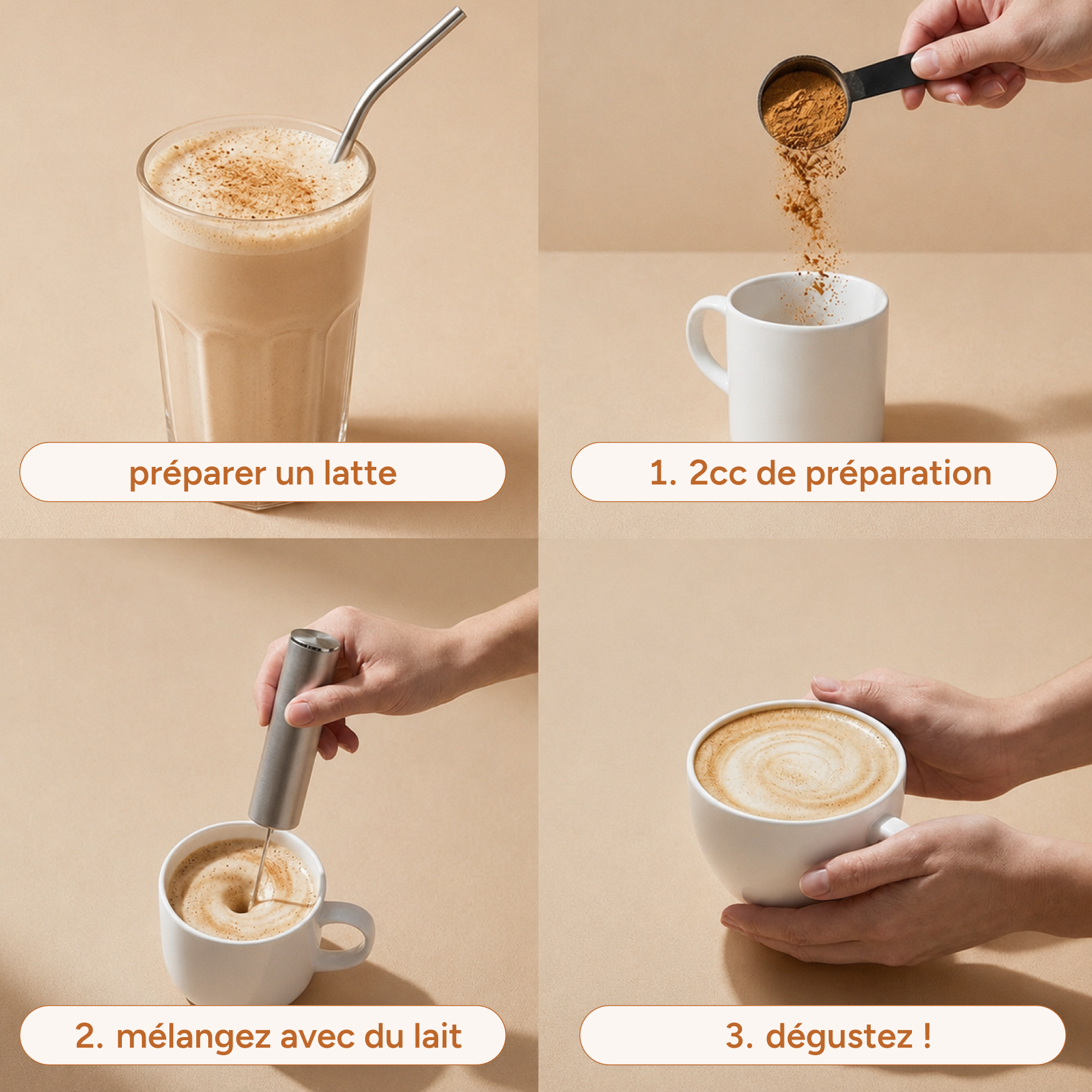 Préparation du chaï en 3 étapes avec les épices chaï : poudre, lait et mélange, dégustation