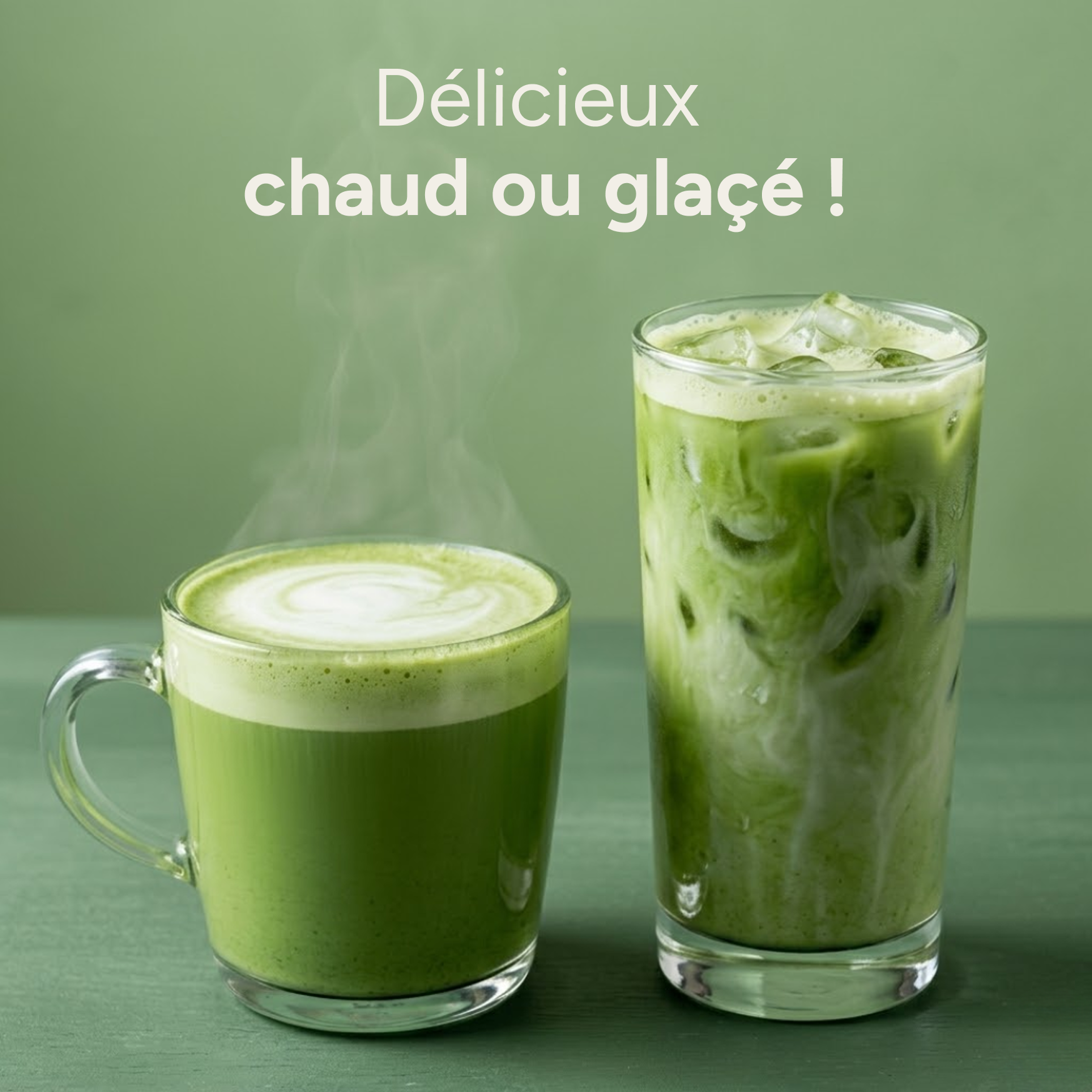 Matcha cérémonie servi chaud en tasse et glacé en verre