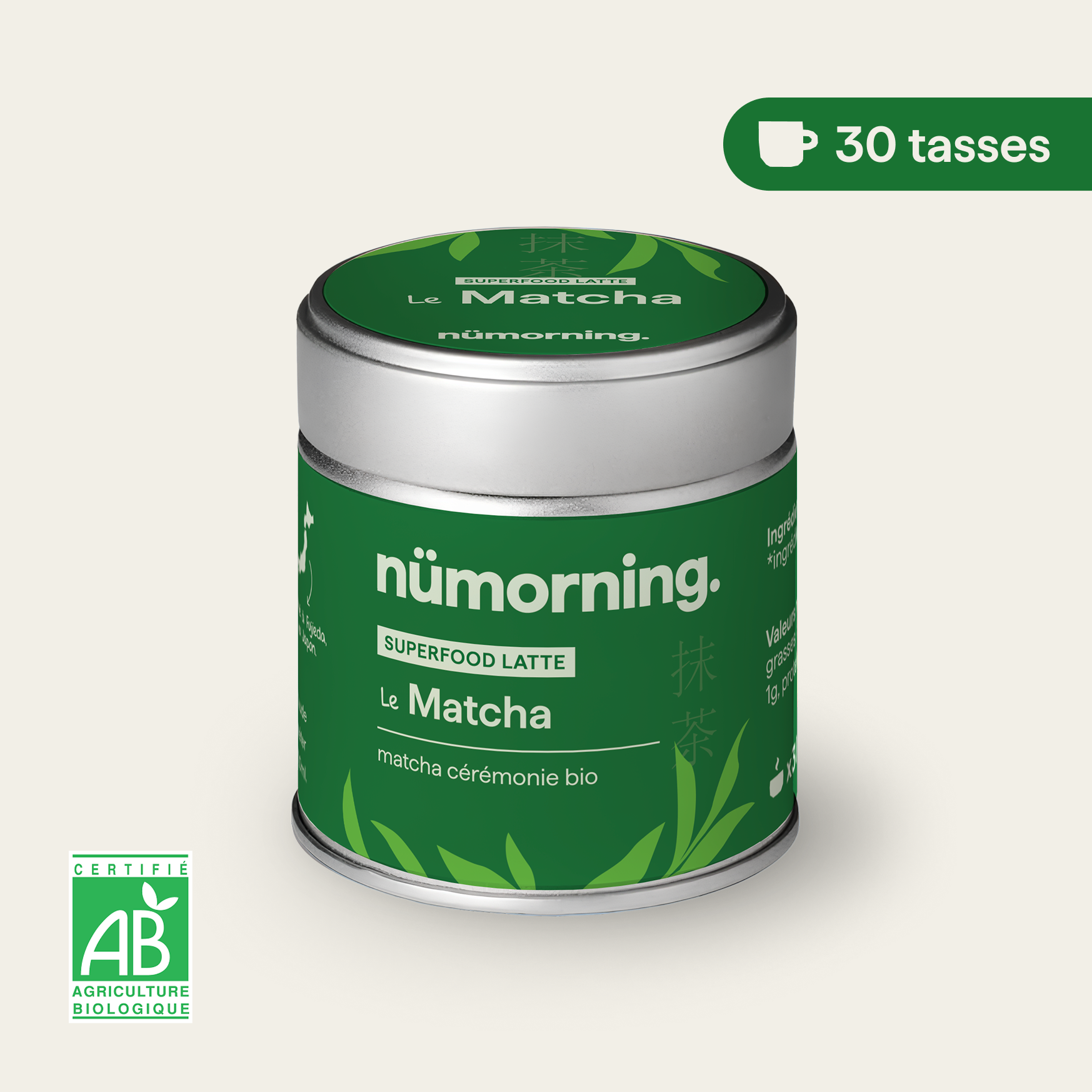 Boîte de matcha cérémonie en poudre bio nümorning, en format 30 tasses