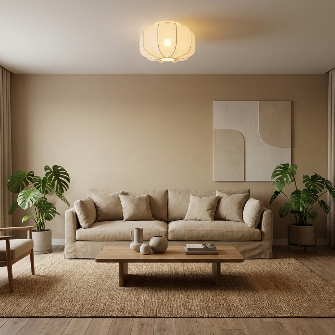 Deze detailfoto toont de crèmekleurige Lecce plafondlamp in Japandi-stijl. Perfect voor een rustige, sfeervolle ambiance.