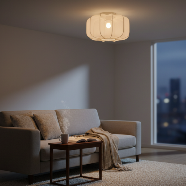 Deze crème plafondlamp uit de Lecce serie heeft een verfijnd Japandi-design. Perfect voor een warme, serene sfeer.