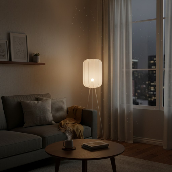 Detailopname van de crèmekleurige Lecce vloerlamp met Japandi-invloeden. Een verfijnde toevoeging aan elke moderne ruimte.