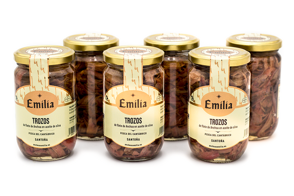 Lot of 6 jars 305 g. Anchovy pieces in olive oil - Fish from the Cantabrian Sea