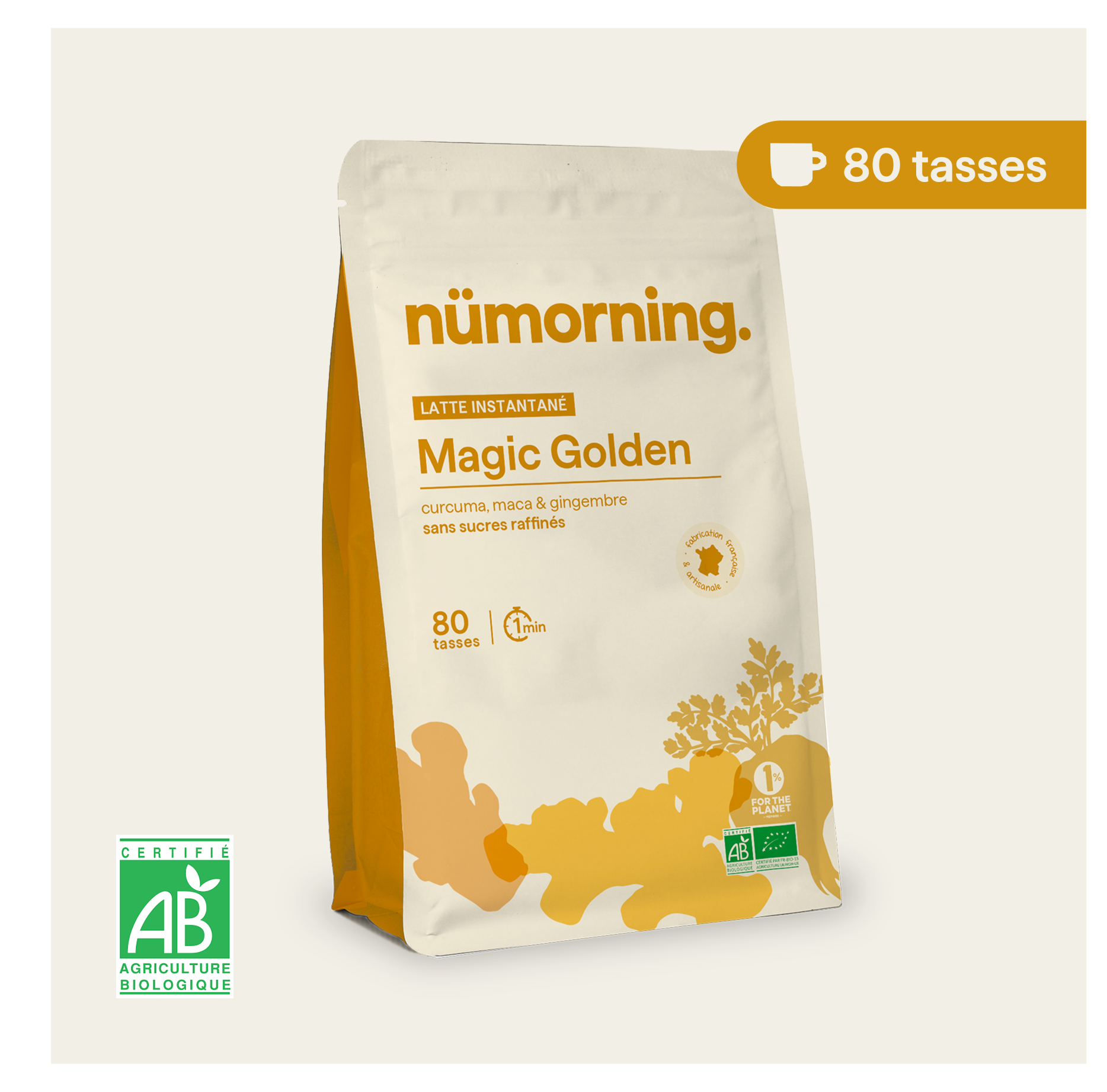 Sachet de golden latte bio en poudre Magic Golden nümorning, en format 80 tasses