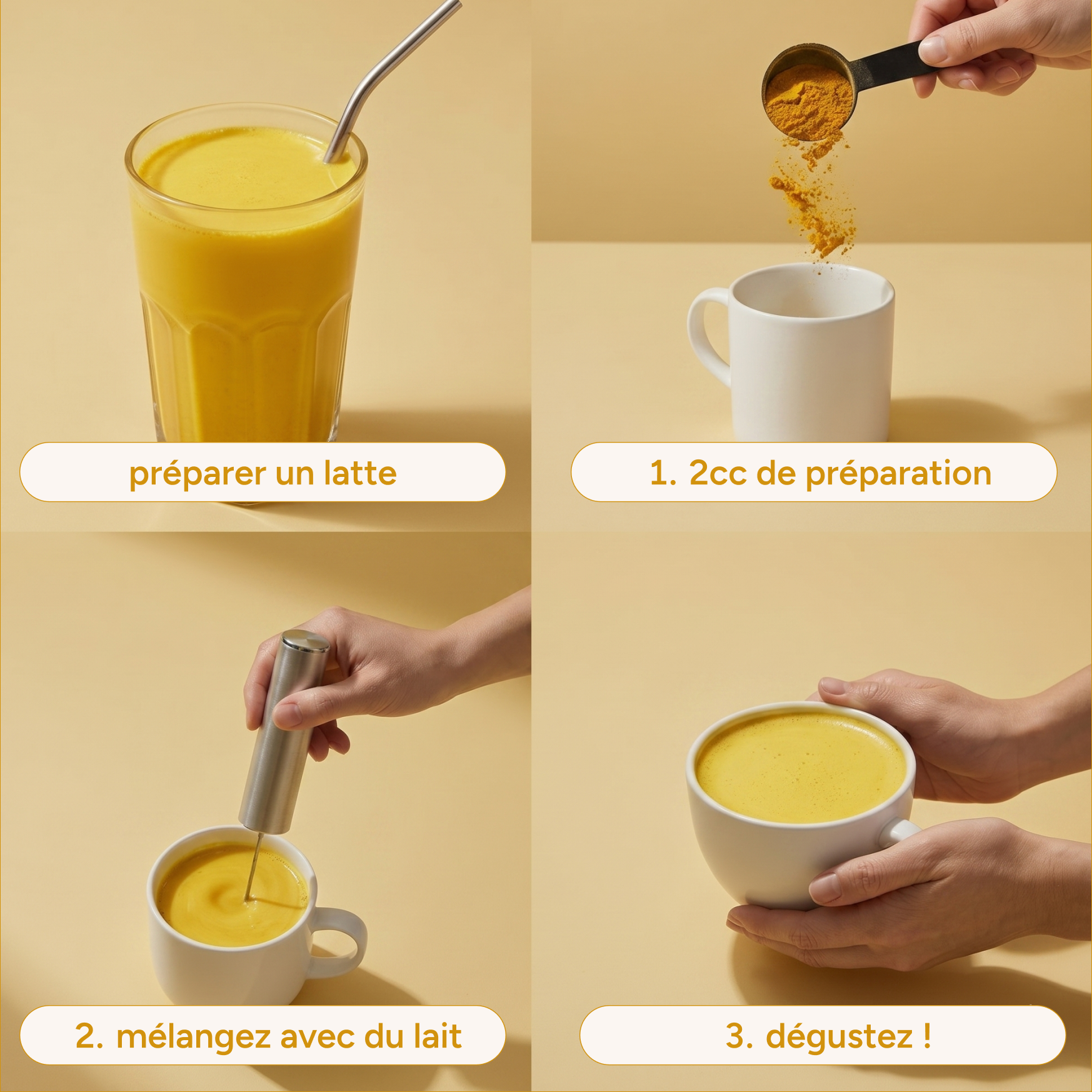 Préparation du golden latte bio en 3 étapes : poudre, lait et mélange, dégustation